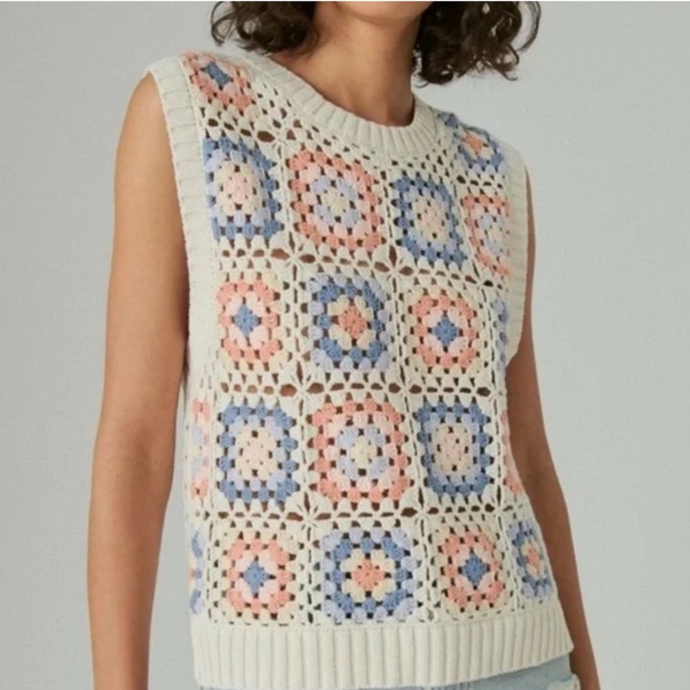 Lucky Brand Granny Square Patchwork Crochet Knit Preppy Boho Sweater Vest S